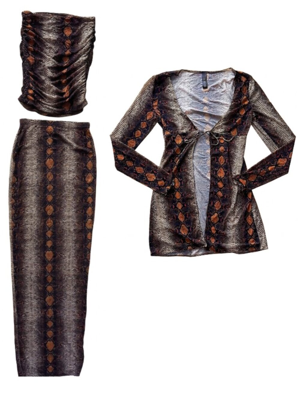 SKIMS Desert Brown Python Snake Print 3-Piece SET Maxi Skirt, Tube Top, LS